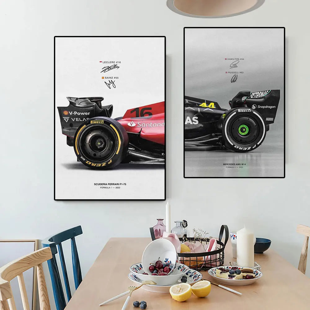 F1 Canvas Poster - Hamilton Leclerc Car + Signature
