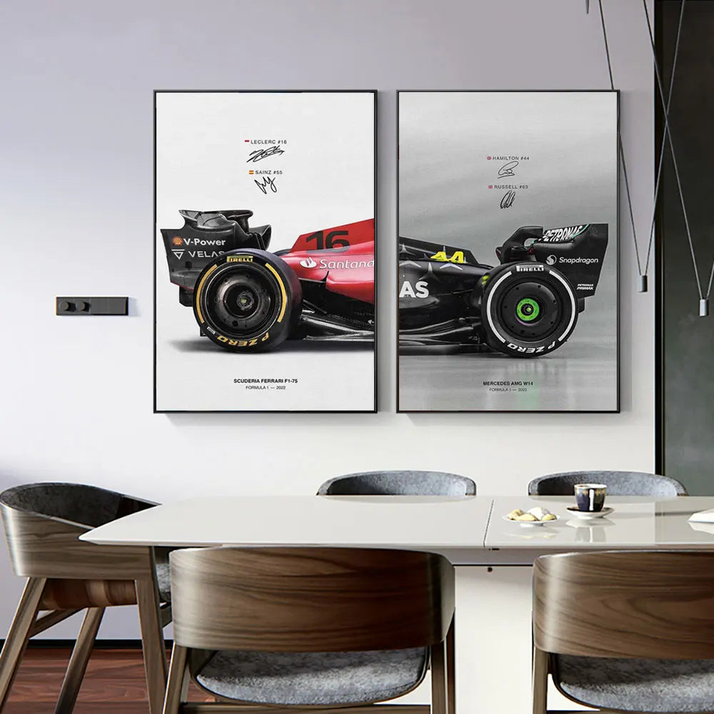 F1 Canvas Poster - Hamilton Leclerc Car + Signature